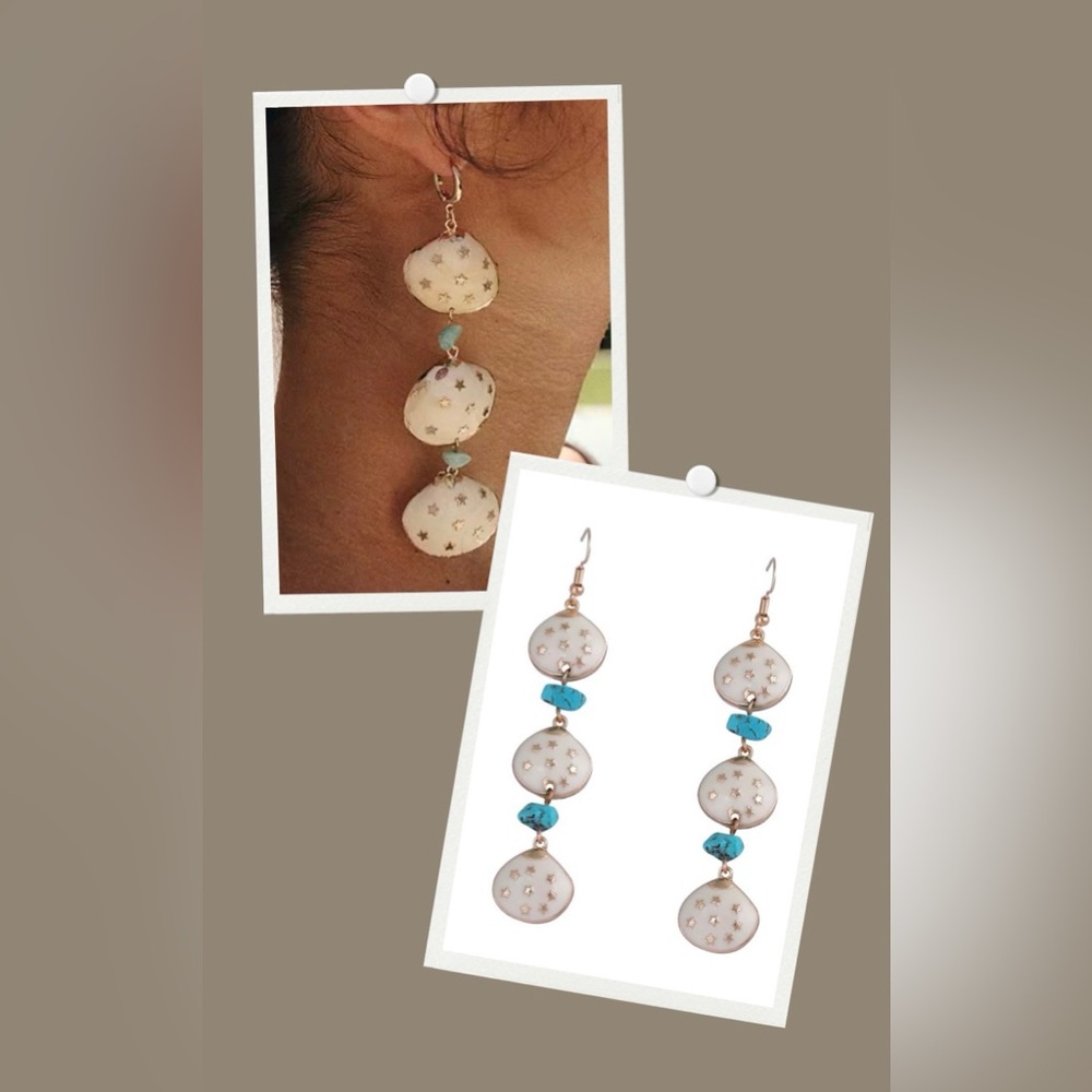 Elegant Gold and White Star Shell And Turquoise Stone Dangle Earrings - Picture 2 of 11